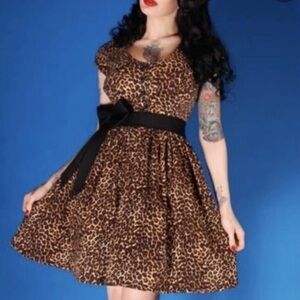 Deadly Dame Pin up vintage-Inspired Leopard Print Fit & Flare Dress w/Black bow